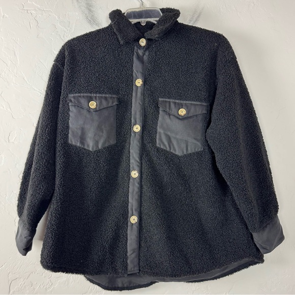 Hyfve Jacket Coat Shacket Teddy Fleece Sherpa Button Down Black Solid Fuzzy Knit - Picture 1 of 5